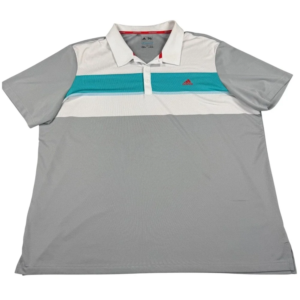 Adidas Golf Climacool Polo Shirt‎ Mens 2XL Gray Teal Striped Performance